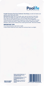 Poolife Exclusive Pool Care Collection Test Strips Packaging displays instructions for accurate pool water testing. 
