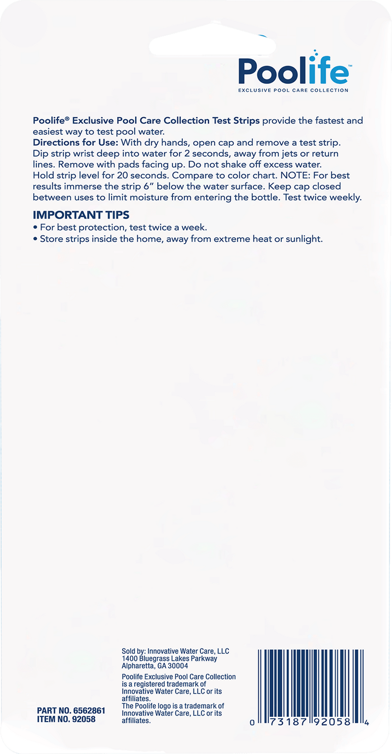 Poolife Exclusive Pool Care Collection Test Strips Packaging displays instructions for accurate pool water testing. 
